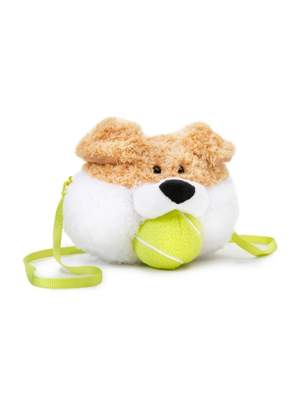 FAO Schwarz Tan and White Plush Dog Toy with Bright Yellow Ball